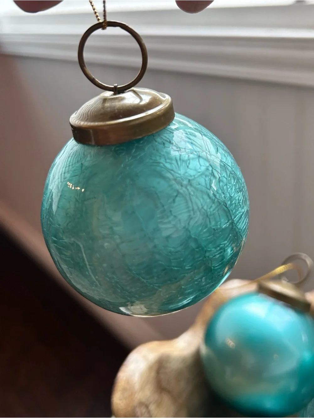 Restoration Hardware Teal Blue Crackle Glass Ornaments Set of 6